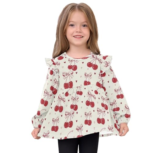 Red Bow Cherry Love Girls Shirts Cotton Long Sleeve Ruffle Toddler Tee Tops3