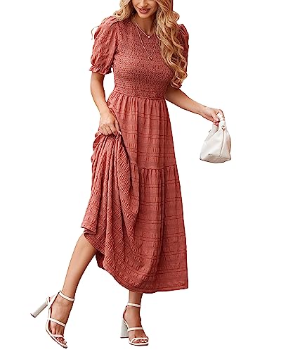 Dowerme Womens Casual Puff Sleeve Maxi Sundress