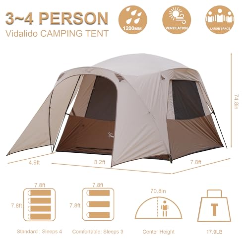 Image of Vidalido 3-4 Person Tent with 1 Mesh Door and 2 Large Mesh Window, Double Layer Waterproof Portable Family Cabin Tent, 4 Person Tents for Outdoor Camping Hiking