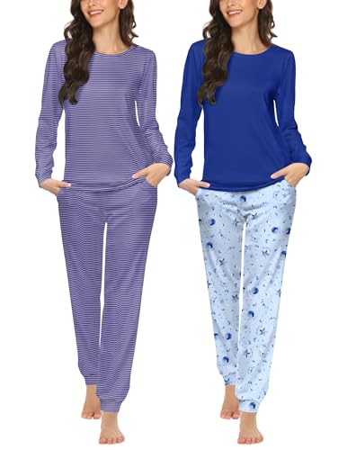 Image of Ekouaer 2 Pack Pajama Sets for Women,Long Sleeve Top Jogger Pant Loungewear | Winter Pyjama,Round Neck Sleepwear,Side Pocket Warm Pjs,4 Pieces Cozy Lounge Set,Elastic Waistband,Ankle Cuffs,Christmas Gift