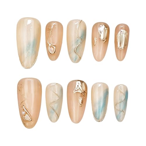 farfarflame 手作り ネイルチップ ショート ミディアム 人気 和風 オーバル 3D ダイヤモンド 光沢 おしゃれ かわいい デザイン お花見 花火大会 卒業 入園 成人式 パーティー つけ爪 10枚入 (水色イメージ, XS)