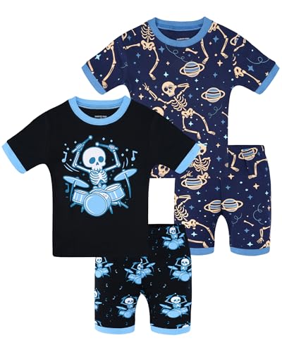 DAUGHTER QUEEN Boys Pajamas Toddler Summer PJs Kids Skeleton Sleepwear 100% Cotton Short Sleeve Pj Sets Children 4 Piece Jammies Skull Clothes Size 2T Age 2 Years Old