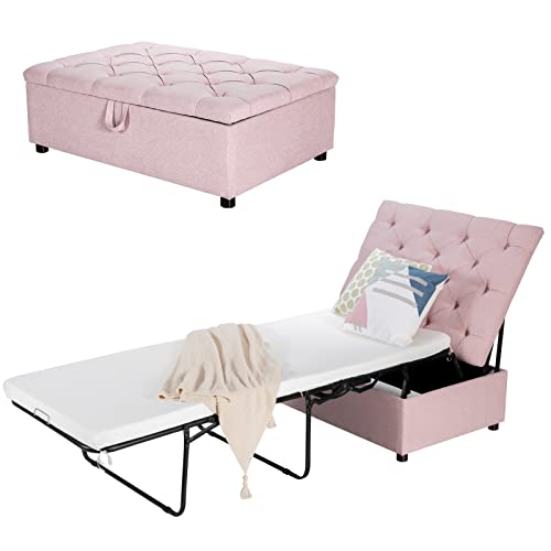 CASART Convertible Sofa Bed with Mattress, Multi-Function Modern Linen Guest Bed Folding Ottoman, Space-Saving Single Couch Lounger Sleeper for Living Room, Office and Apartment (Pink) 2 CASART Convertible Sofa Bed with Mattress, Multi-Function Modern Linen Guest Bed Folding Ottoman, Space-Saving Single Couch Lounger Sleeper for Living Room, Office and Apartment (Pink)
