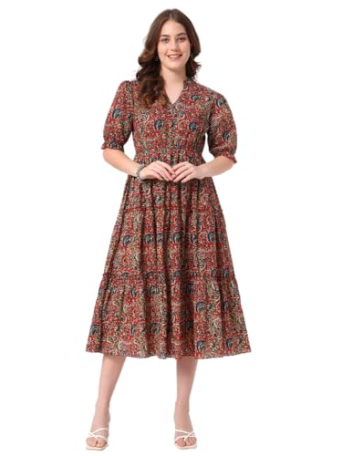 Image of PIDAVLIYA'S Women's Floral Summer Maxi Dress I Cotton Printed I One Piece Bodycon Midi Dress with V-Neck, Puffed Sleeves