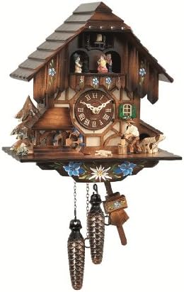 Quartz Cuckoo Clock with Musik Black Forest house with moving wood chopper and mill wheel EN 463 QMT