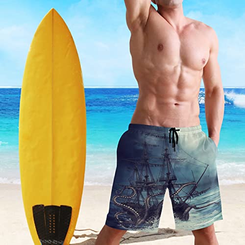 Ship Octopus Tentacles Moon Men's Swim Trunks Night Scene Board Shorts Quick Dry Swimwear Pants with Mesh Lining S4