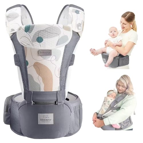 Bebamour Baby Carrier Newborn to Toddler-Baby Hip Carrier Front and Back Carry with Head Hood & 3 Pieces Teething Pads& Waist Extenders & Storage Bag(Grey)