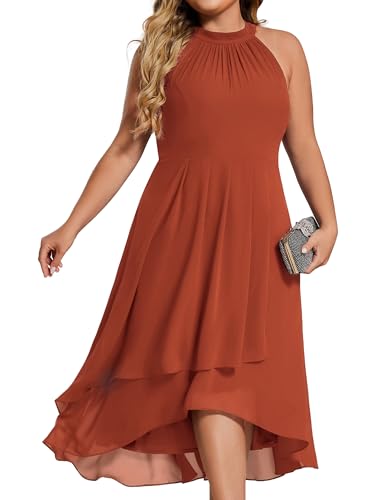 Image of Ever-Pretty Plus Women's Sleeveless Halter A Line Pleated High Low Plus Size Wedding Guest Cocktail Dresses 31926-DA