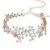 SWEETV Gold Bridal Headband Bohemian Headpiece Crystal Pearl Hair Vine Flower Halo Wedding Hair Accessories