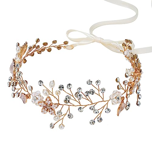 SWEETV Gold Bridal Headband Bohemian Headpiece Crystal Pearl Hair Vine Flower Halo Wedding Hair Accessories