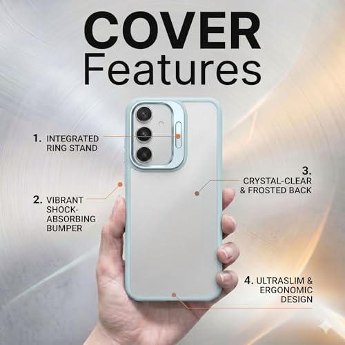 Image of amazon basics Frosted Matte Case for Samsung Galaxy A55 5G | Built-in Flip-Out Camera Lens Stand | Translucent Back with Contrast Blue Bumper | Shockproof Protective Cover with Foldable Kickstand