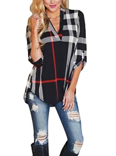 Camisas Mujer Manga Larga Originales Tallas Grandes Tops A Cuadros Fiesta Fashionista Elegantes Blusones V Cuello Otoño Anchas Basicas Blusas Casual Bonita Marca Moda Juvenil