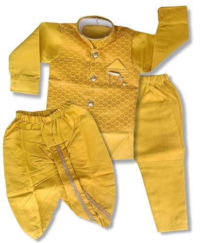 Image of Little Kids Ethnic Wear Kurta Pyjama and Waistcoat Set For Boys | Stylish Ethnic Wear | 3-piece set | Silk and Cotton Blend Fabric