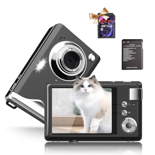 Fine Life Pro Black Digital Camera 1080P FHD Camera 48MP Photo Camera Compact Camera with 16X Digital Zoom LED Fill Light Image Stabilisation Mini Selfie Camera Portable with 32GB Card for Beginners