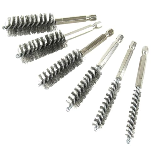 Image of GSHLLO 6 Pcs Stainless Steel Bore Brush Set Metal Cleaning Brushes Twisted Wire Brushes Small Wire Bristle Brushes Power Drill Brushes with Hex Shank for Tubes