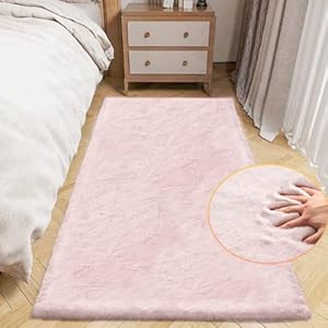 ORINOVA Small Pink Fuzzy Faux Rabbit Shaggy Fur Rug Furry Washable Runner Rug 2×6 Fluffy Rugs for Bedroom Living Room Nursery Rugs Teen Room Décor