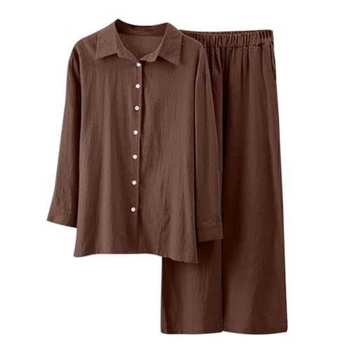 HOOUDO Linen Lounge Wear Sets for Women UK Ladies Cotton Linen 2 Pieces Outfit Loungewear Summer Long Sleeve Button Shirts Wide Leg Trousers Co Ord Set Tracksuits - Image 3