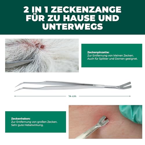 Silberkraft Zeckenzange Edelstahl - 2 in 1 Zeckenpinzette & Haken - Zeckenentferner für Mensch, Hund & Katze - Alternative zur Zeckenkarte - robust, rostfrei & wiederverwendbar
