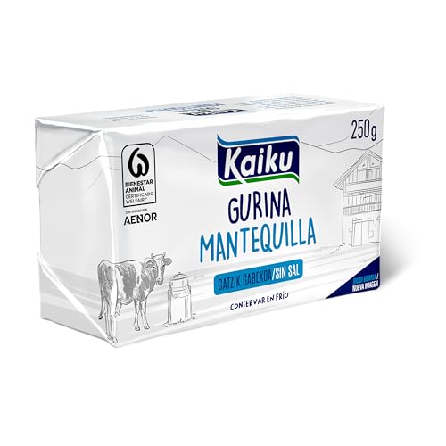 KAIKU - Mantequilla 250 g, Mantequilla de Leche Fresca, Fácil de Untar, Suave y Cremosa, Ideal para Untar, Cocinar y Repostería, sin Aditivos ni Conservantes, Receta Tradicional, Formato Práctico