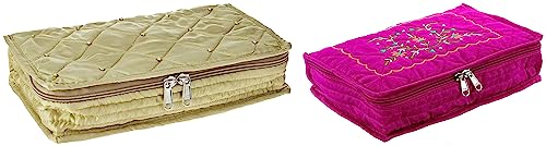 Image of Amazon Brand - Solimo Cotton Blend Embroidery Jewellery Kit cum Pouch, Pink Satin Jewellery Pouch Cum Makeup Kit, Gold