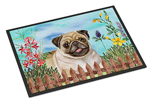 Caroline's Treasures CK1280JMAT Fawn Pug Spring Doormat 24x36 Front Door Mat Indoor Outdoor Rugs for Entryway, Non Slip Washable Low Pile, 24H X 36W