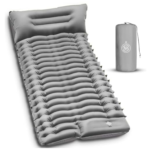 Kochar Slaapmat zelfopblazend - Slaapmat met ingebouwde voetpomp & hoofdkussen - Extra groot formaat - Camping matras - Slaapmatje - Groen (Grijs)