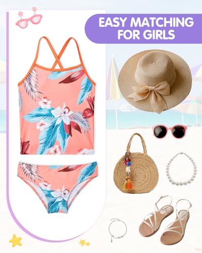 Image of Century Star Girls Swimsuit Two Piece Tankini Swimwear with Boyshort Bathing Suit for Kids Toddler Beach Swimsuits Pink Leaf Flower 10