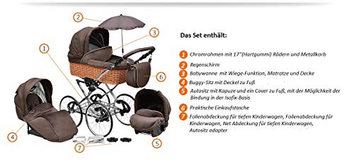 SKYLINE Klassisch Retro Stil Wicker LUX Kombi-Kinderwagen Buggy 3in1 Reise System Autositz (Isofix) (Collage Gray/17 "Räder)