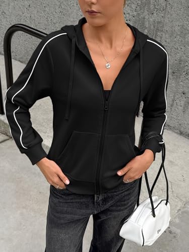 Fisoew Sweatjacke Damen mit Kapuze Zipper Hoodie Sportjacke Kapuzenpullover Sweatshirt.Schwarz XL