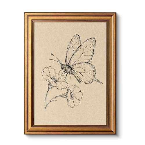 Image of VIYYIEA Vintage Gold Framed Wall Art for Living Room, Butterfly Canvas Prints Home Decor, Sketch Painting Picture, Bedroom Wall Decor Gifts for Friends or Family -【Dancing with Flowers】-(16L x 12W)