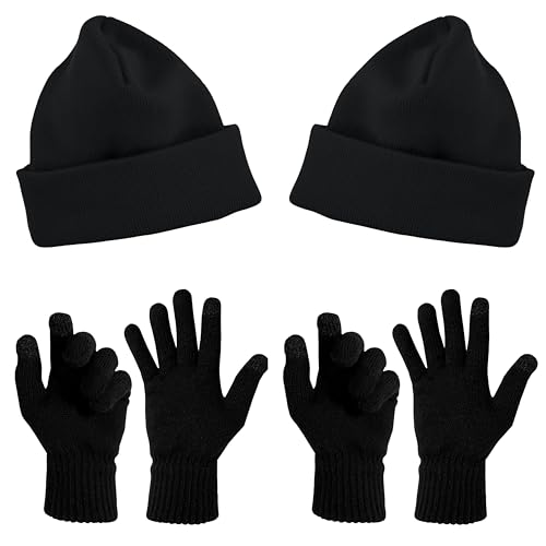 2-Sets Beanies & Touch Screen Gloves Premium Thick Winter Thermal Men Women (Black One Size)
