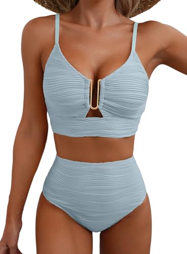 Image of Herseas 2 Piece Bikini Set U-Wire Cutout Popular Swimsuit High Waisted Textured 2026 Summer Beach Swim Bathing Suits