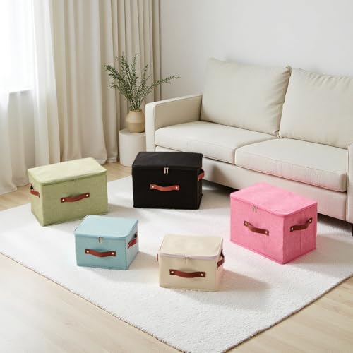 Image of Storage Bin Box with Zippered Lid Cotton Linen Fabric Decorative Basket with PU Leather Handles PP Plastic Board Foldable Lidded Clothing Shelf Closet Organizer Container (Pink, Small)