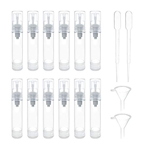 12 Pcs Portable Empty Refillable Clear Plastic Airless Vacuum Pump Bottle Dispenser Liquid or Lotion Container use for Cosmetic sample, Travel and Disinfectant(0.34oz/10ml)