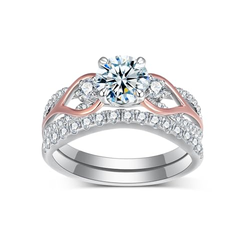 1-3/5 Carats Three Stone Moissanite Wedding Rings Sets, 18K Gold Platinum Plated Two Tone Engagement Ring Sets 925 Sterling Silver Stackable Bridal Ring Sets for Her Women Gift for Anniversary Wedding