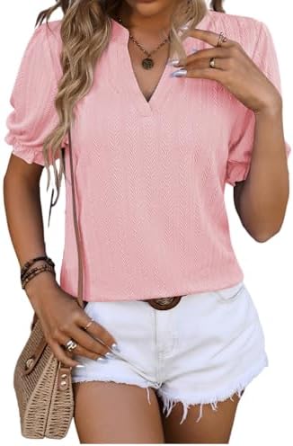 KevaMolly Womens Short Sleeve Blouse Light Pink Chic Texture