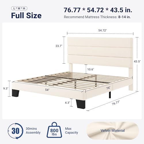 Image of Allewie Full Size Platform Bed Frame with Velvet Upholstered Headboard and Wooden Slats Support, Fully Upholstered Mattress Foundation /No Box Spring Needed /Easy Assembly, Cream