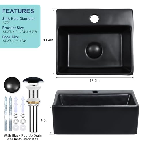 Davivy 13.2\"x11.4\" Wall Mounted Matte Black Small Rectangle Vessel Sink with Pop Up Drain and Installation Kit,Bathroom Sink Above Counter,Ceramic Vessel Sink (Small,Dual Installation Method)