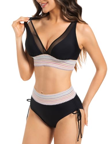 Women High Waisted Bikini Sets Tummy Control Swimsuits Colorful Wave Color Block Swimwear Two Piece Drawstring Bathing Suit3