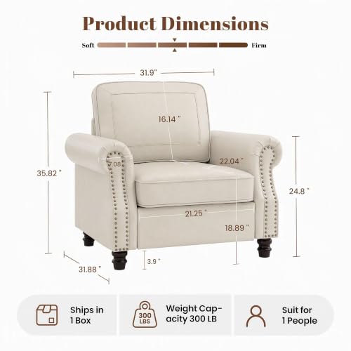 Image of Kingfun Faux Leather Accent Chair with Rolled Arms,Cream