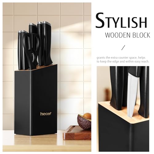 hecef 7-Piece Sharp Knife Set with Wooden Block - Durable Stainless Steel Blades, Ergonomic Handles - Includes Chef, Slicing, Bread, Utility, Paring Knives & Kitchen Scissors, - Image 5