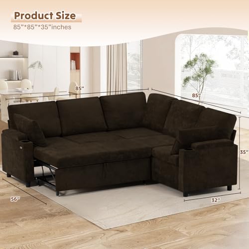 Image of 85 inch Chenille Sectional Sofa w /Pull Out Bed & Storage Space, Orange | Upholstery L Shaped Couch w /Cup Holders, Modern Corner Sofa w /USB Charging Port & Throw Pillow for Living Room