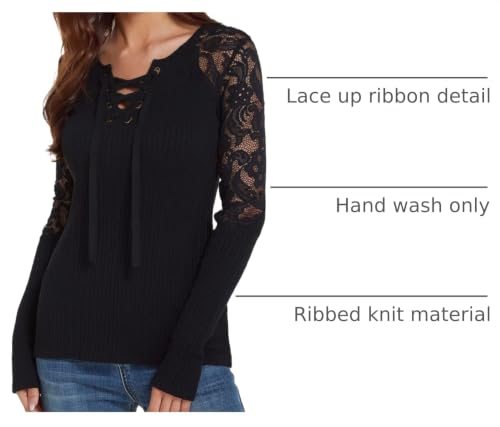 Image of AmelieBoutik Women Floral Lace Inset Lace Up Ribbed Long Sleeve Knit Top