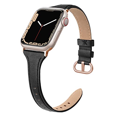 Swees Leather Band Compatible For Apple Watch 38Mm 40Mm 41Mm, Slim Thin Dressy Elegant Genuine Leather Strap Compatible For Iwatch Series 8, 7, 6, 5, 4, 3, 2, 1, Se, Sport & Edition Women, Black (Rose Gold Buckle ) #TOP2