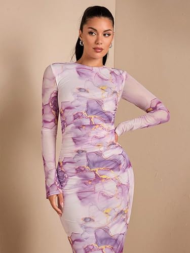 Image of Women's Sexy Round Neck Lounge Long Dress Elegant Long Sleeve Ribbed Bodycon Knee Length Dresses