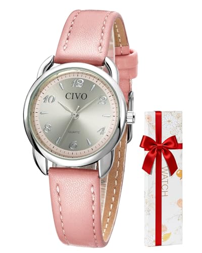 CIVO Uhr Damen Rosa Leder Zahlen Klassisch Quarz Analog Armbanduhr Damen Wasserdicht Minimalistische Elegante Lässig Geschenke Uhren fur Damen Frauen