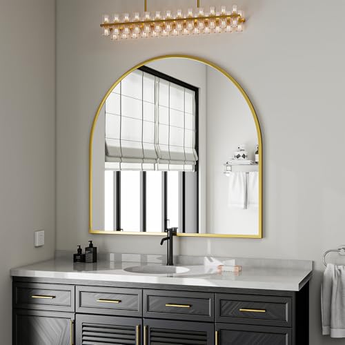 Image of VooBang Wide Arched Wall Mirror, 38 x 40 inch Arch Bathroom Mirror, Wall Mounted Vanity Mirror with Arch Metal Frame, Modern Bathroom Vanity Mirror for Bedroom, Living Room, Hanging or Leaning, Gold