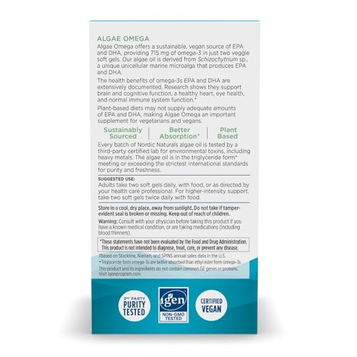 nordic naturals algae omega - 90 soft gels - 715 mg omega-3 - certified vegan algae oil - plant-based epa amp dha