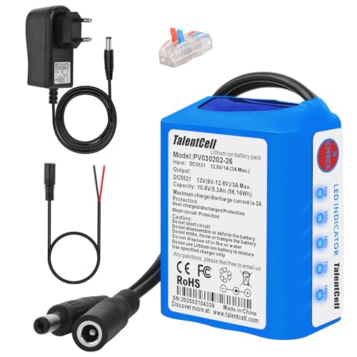 Talentcell 12V Lithium-Ionen-Akku mit Ladegerät 5200mAh Akkus mit 12V Gleichstromausgang für Heimwerkerprojekte Radio Angelbeleuchtung RC-Car LED-Lichtleiste CCTV-Kamera Router und mehr