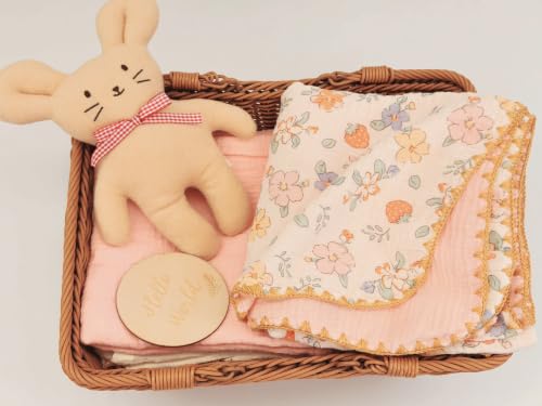 Image of Double Layered 100% Cotton Muslin Baby Blanket Ultra-Soft 40x40 Inch Swaddling Nursery Crib Blanket (Pink Strawberry Floral)